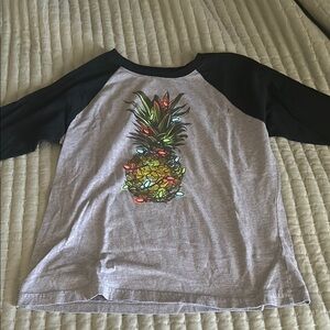 Gray and Black Long Sleeve Tee with Pineapple Graphic